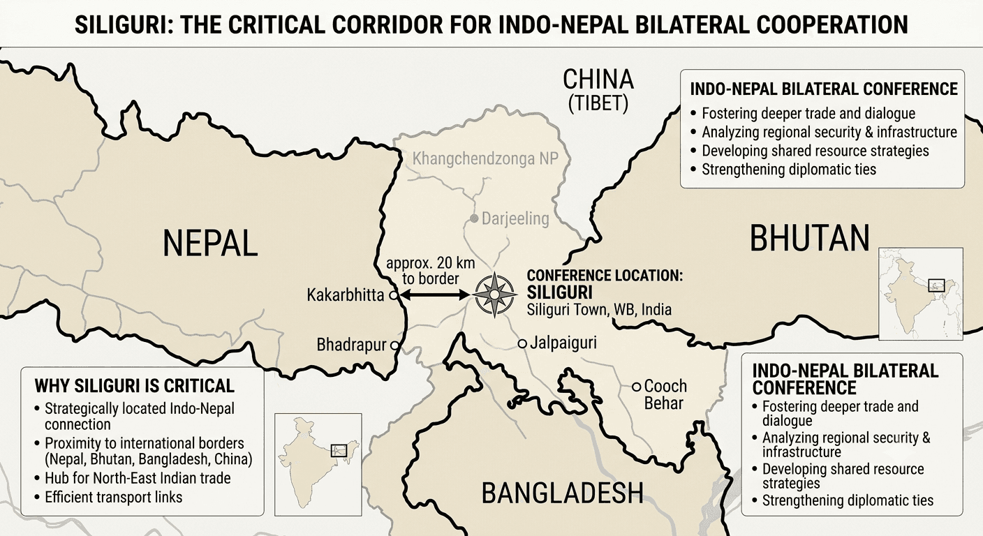 Map infographic showing Siliguri as the critical corridor for Indo-Nepal bilateral cooperation